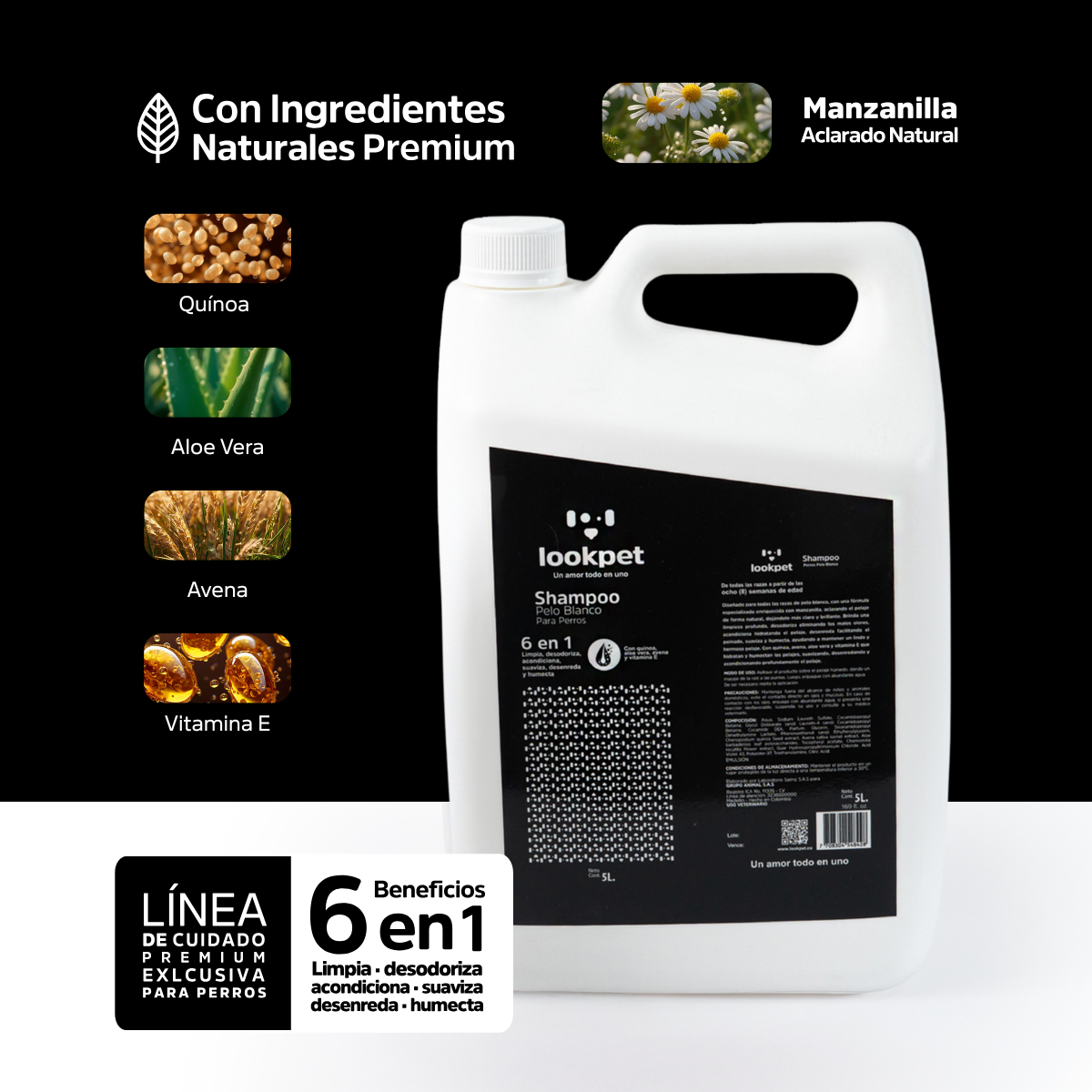 Shampoo 6 en 1 para Perros Pelo Blanco - 5L